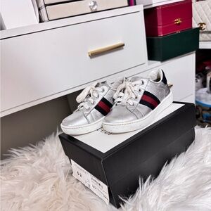 GUCCI Ace Metallic Leather Web Sneakers, Toddler/kids In Silver